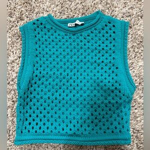 Zara Teal Openwork Sleeveless Knit Top